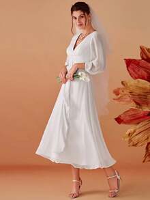 优雅浪漫V领长袖荷叶边扭结中长连衣裙，秋季新娘送礼会派对礼服 - 白色 - 查看 3