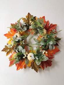 1pc Pumpkin Wreath With Artificial Maple Leaves - Red Orange Green Gray Fall Harvest Door Decorations - No Electricity Required, Easily Hang On Front Door, Mantel, Table Centerpiece - Halloween, Thanksgiving, Christmas Home Decor - Durable Plastic/Leaf Material - Fall Home Decorations - Multicolor - View 7