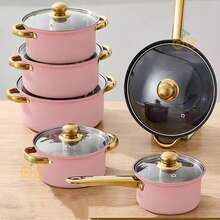 Set de Cocina de Acero Inoxidable de 12 Piezas, Set de Cocina de Acero Inoxidable, Set de Cocina Multiusos, Set de Cocina Completamente Envuelto con Tapa de Vidrio con Mango Térmico, Apto para Lavavajillas, Diseñado Ergonómicamente - Rosa - Ver 3