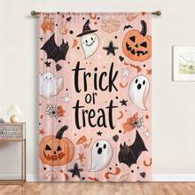 1件万圣节主题印花薄纱窗帘，饰有幽灵、南瓜、蝙蝠和骷髅图案，带杆袋，专为装饰客厅、卧室和其他空间而设计。趣味节日派对礼物，为家居装饰营造节日氛围。