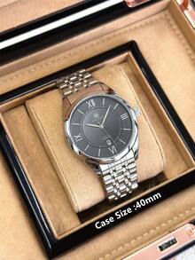 PABLO RAEZ 1pc Original Men's Watch, Stainless Steel Vintage Luxury Charming Business Accessory, 50M Waterproof AAA Watches, Simple Jewelry Calendar Clock, Men's Solid Metal Steel Bracelet Chain, Silver Black Dial With Date, Brand New Casual Fashion Quartz Watch, Men's Steel Roman Numerals And Bar Black High-End Business Watch, Daily Use, Teacher Gift, Time, Father Or Male Friend Birthday Graduation Wedding Gift - Silver - View 3