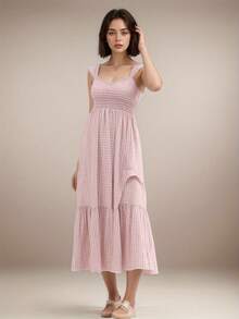 Women's Spaghetti Straps Smocked Maxi Dress Tiered Skirt Pleated Boho Summer Dress Long Beach Sundress - 粉紅色 - 查看 3