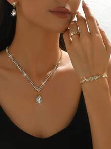 5 pièces/set Collier de mariée, boucles d'oreilles, bracelet, bague Ensemble de bijoux floraux, accessoires élégants de style de rue pour femmes, cadeau