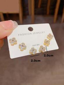 3 对奢华 925 银四叶草耳钉，微镶嵌方晶锆石，适合女性日常佩戴珠宝礼物 - 金色 - 查看 5