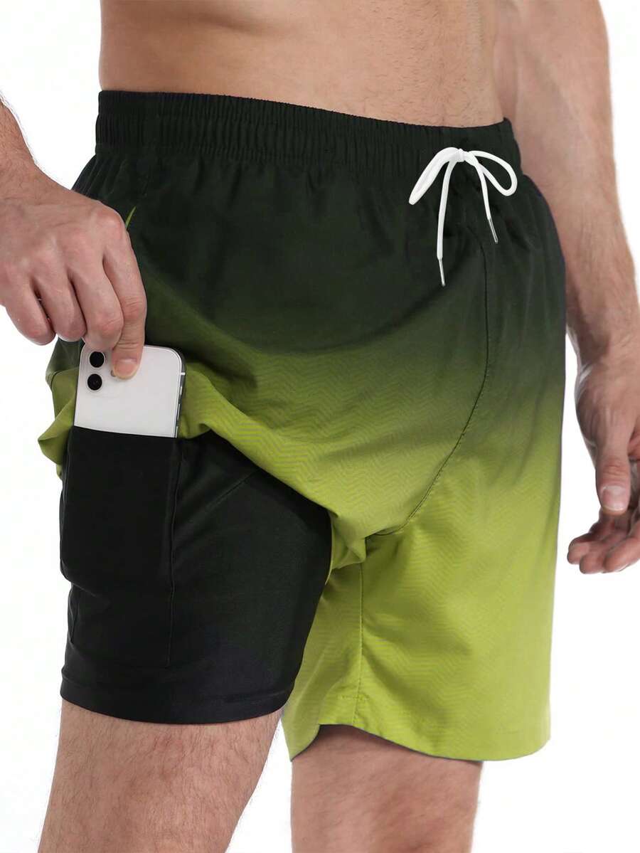 Quần short đi biển/bơi lội in họa tiết 3D gradient cỡ lớn cho nam, hai lớp lót nhanh khô, mùa hè - Nhiều màu - Xem 1