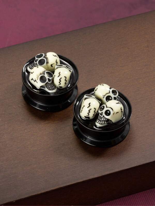 1 Pair Fashionable Punk Rock Style Acrylic Laser Engraved Skull Ear Gauge Plugs, Unisex Body Jewelry Suitable For Daily Wear And Social Occasions