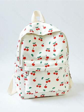 1 pieza Mochila clásica y elegante con estampado de cerezas para mujer en verano, de gran capacidad y diseño de múltiples bolsillos, ideal para la escuela, estudiantes, ir al trabajo, mochila literaria para adolescentes, bolso para libros para mujeres o estudiantes, perfecto para libros, compras, vuelta al cole, mochila escolar, mochila grande para secundaria y preparatoria, mochila de estilo preppy para la vuelta al cole