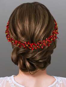 1 件手工红水晶新娘头带，独特的婚礼派对复古发饰 HP266 女士 - 紅色 - 查看 4