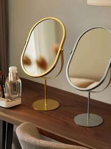 1 pieza Espejo de maquillaje ovalado giratorio 360°, con marco de metal, sin batería, adecuado para dormitorio, dormitorio, espejo cosmético portátil de una sola cara. Diseño elegante/Decoración del dormitorio