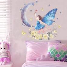 1 套梦幻蝴蝶女孩、仙女月亮蝴蝶花装饰墙贴，适用于卧室、玄关、家居，PVC 防水材料