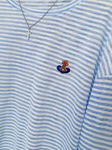 Blue Striped Long Sleeve Lightweight Sun Protection T-Shirt With Embroidery Detail, Loose Relaxed Fit Coverup