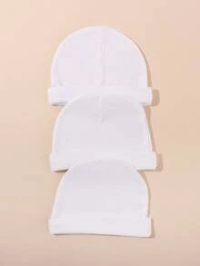 3 pièces Bonnets en tricot doux de couleur unie pour nouveau-nés, respirants et confortables, convenant à toutes les saisons, pour bébés garçons et filles - Blanc - Voir 4