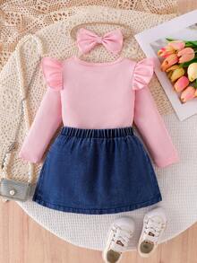 3pcs/Set Baby Girl Fashion Minimalist 3D Bow Decor Pink Ribbed Cap Sleeve T-Shirt, Bow Decor Elastic Waist Denim Skirt, Bow Headband Set