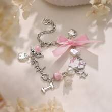 Sanrio (Authorized)1pc Sanrio Hello Kitty Bracelet,1pc Pink Bowknot Hello Kitty Pendant Silvery Chain Bracelet,Suitable For Woman Daily Wear