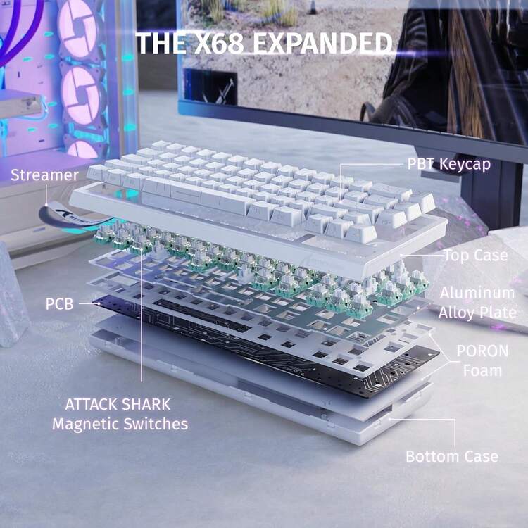 ATTACK SHARK X68 HE Teclado Mecânico Gamer 60% com Fio, Switch Magnético Hall Effect com Ativação Rápida, Driver Ajustável, Taxa de Polling de 8KHz, Retroiluminação RGB, Montagem Superior, Keycaps com Impressão Lateral - Linhas de contorno brancas - Visão 8