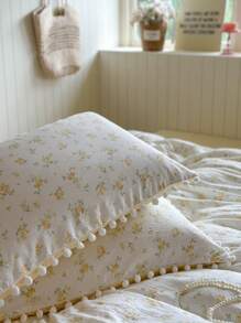 2/3 Stücke Bettbezug-Set mit gelbem Blumenmuster, aus Polyester mit Bommel-Quasten, niedliches Cottagecore-Bettwäsche-Set für Frühling, Sommer und alle Jahreszeiten, weich und atmungsaktiv, maschinenwaschbar (1 Bettbezug + 1/2 Kissenbezüge)