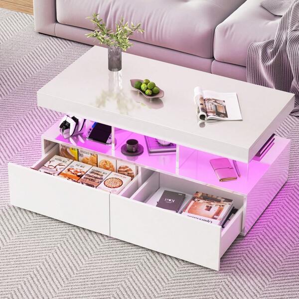Tavolino da caffè bianco/nero, tavolo da soggiorno lucido con illuminazione LED colorata, tavolino bianco con ripiano espositivo aperto e 2 cassetti estraibili, 104 * 53 * 46 cm