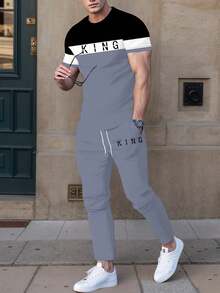 Ensemble Top à manches courtes col rond et pantalon avec imprimé "King" en couleurs contrastées, confortable pour homme - Multicolore - Voir 4