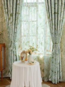 1pc New Green Gardenia Flower 100% Blackout Double Layer Composite Rod Pocket Curtain, Home Heat Insulation Blackout Curtain, Living Room, Bedroom, Office, Party, Daily Decoration Curtain