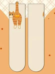 1/2 双装女士随机混色抽象 3D 猫咪图案中筒袜，可爱又别致的猫咪主题中筒袜，女士圣诞礼物