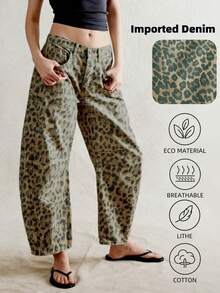 Women Spring Summer Casual Old Money Leopard Print Wide Leg Jeans Loose Pants - 棕色 - 查看 1