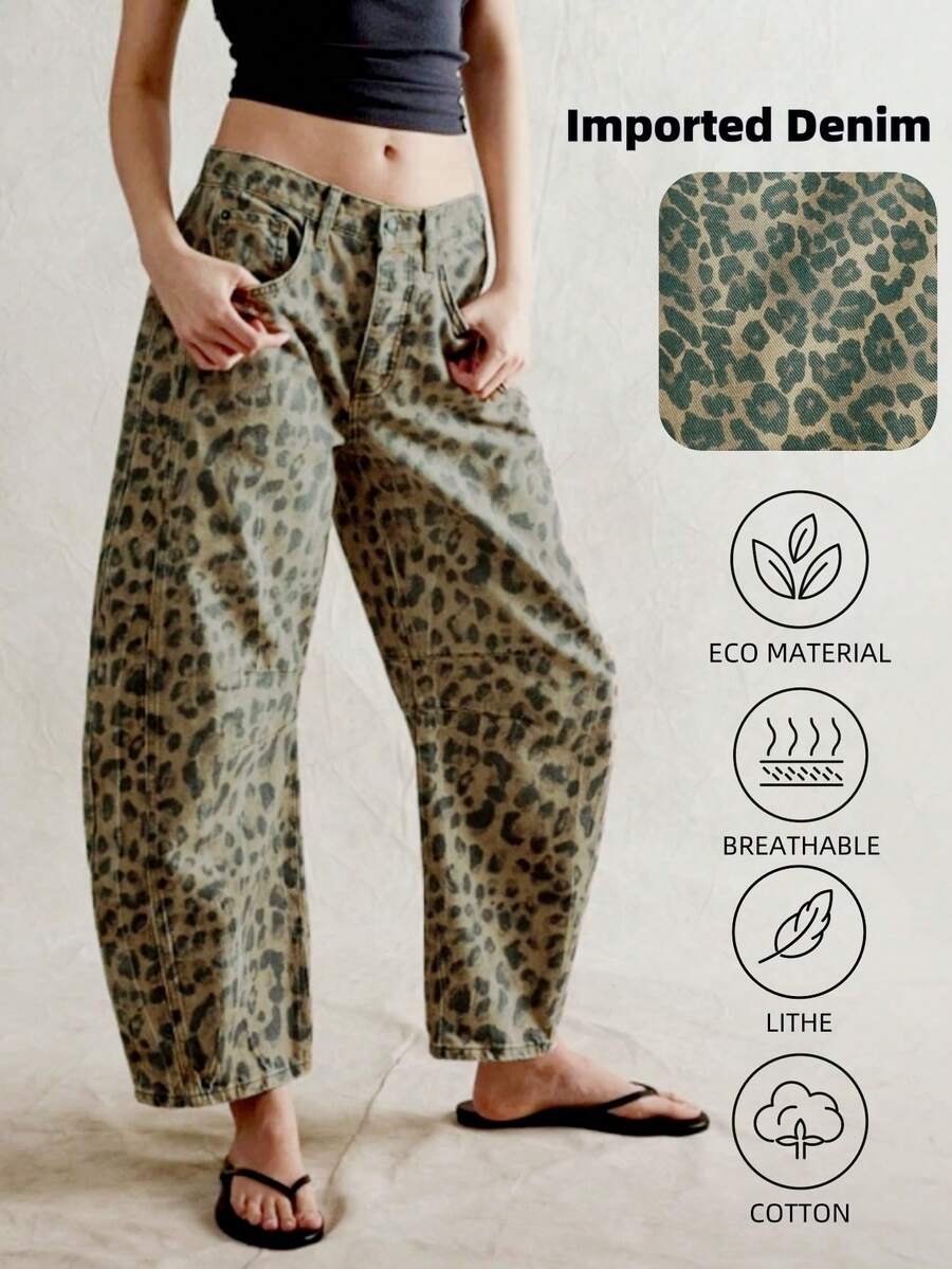 Women Spring Summer Casual Old Money Leopard Print Wide Leg Jeans Loose Pants - 棕色 - 查看 1