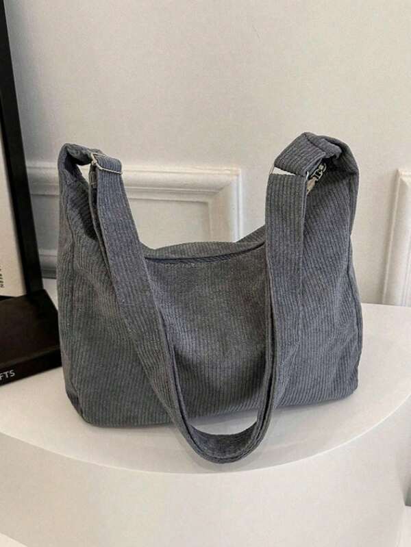 Bolsa de Veludo Canelado de Alta Capacidade, Fashionable e Casual, com Cor Sólida, Alça de Ombro Ajustável e Textura Suave, para Mulheres