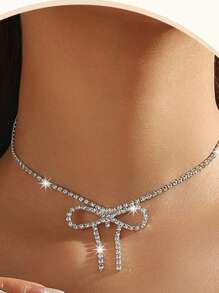 3 pezzi Set di collana girocollo e orecchini con fiocco di cristallo e strass per donne, orecchini a fiocco in argento e zirconia luccicanti per spose, matrimoni, feste e accessori eleganti per San Valentino