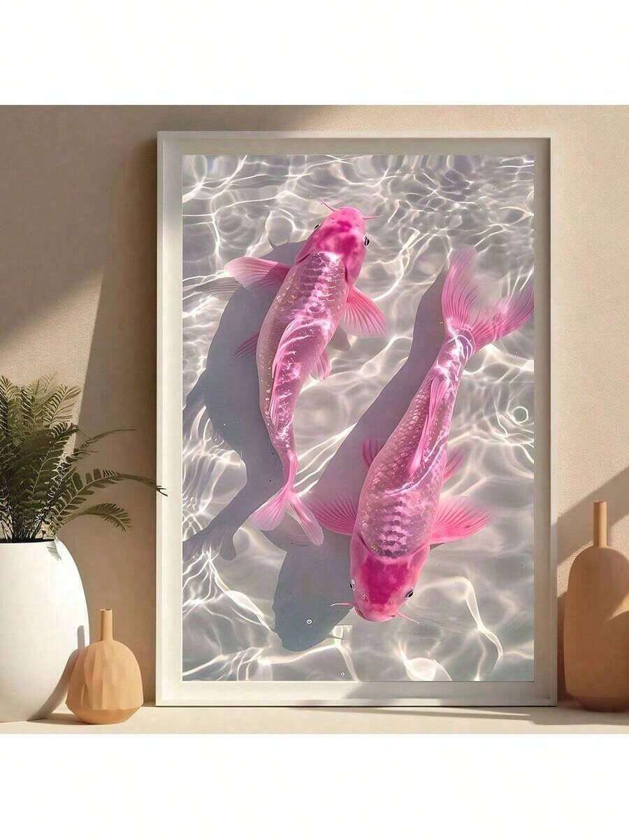 1 件/套抽象艺术美学粉色锦鲤海报和印刷品，现代锦鲤帆布墙艺术画，适用于卧室客厅装饰，复古帆布画，帆布墙艺术礼物，不含画框 - 彩色 - 查看 1