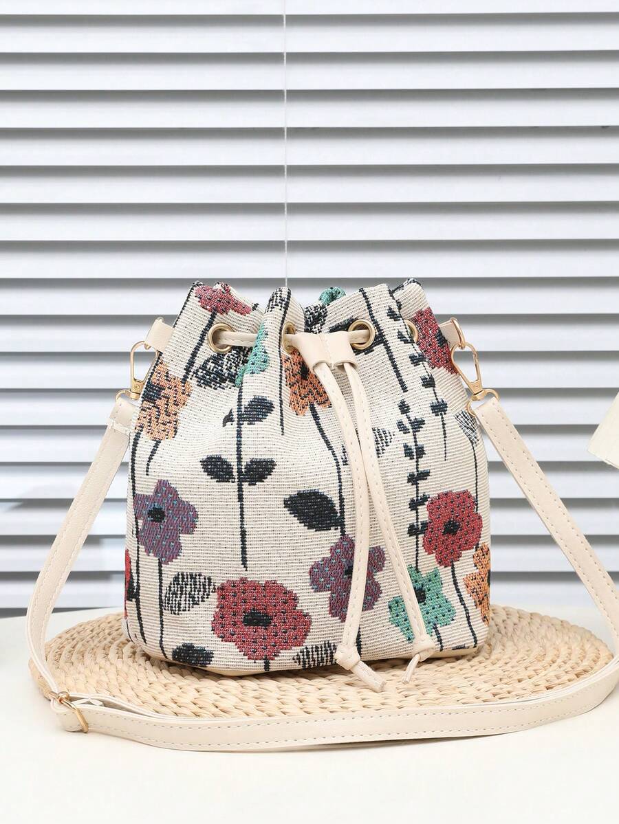 1 件米色撞色拼接抽绳提花提花水桶包，轻巧紧凑时尚百搭斜挎包，适合户外、度假、休闲优雅女士手提包