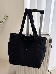 1 pieza Bolso de lona de gran capacidad, bolso de hombro con múltiples bolsillos, adecuado para la escuela, el trabajo, los viajes, las compras, diseño portátil con portavasos, bolso para ir y venir - Negro - Ver 7