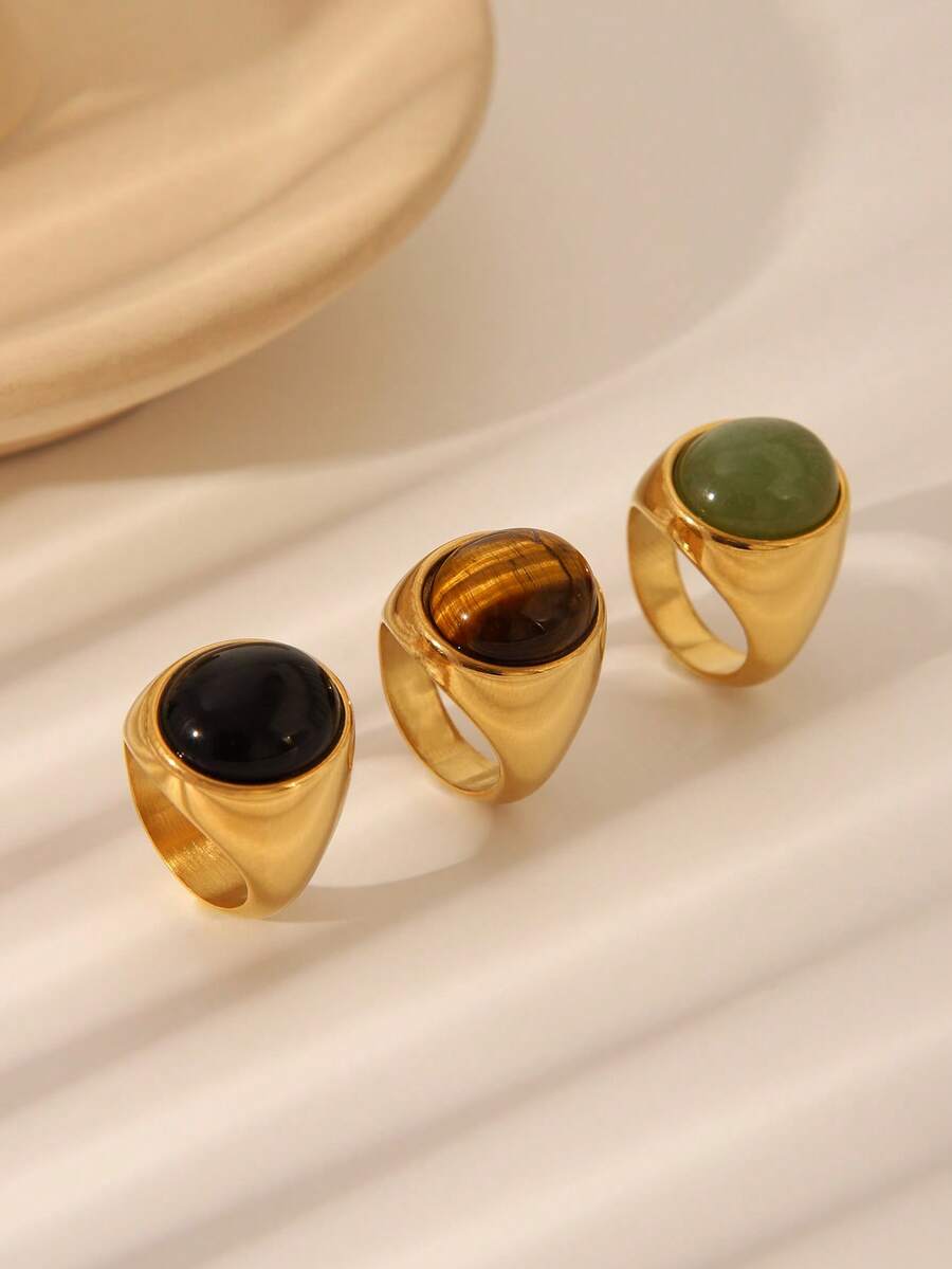 1 chiếc nhẫn hình bầu dục bằng thép không gỉ 18K phong cách tối giản cổ điển dành cho nữ khảm đá mắt hổ tự nhiên hoặc đá Obsidian đen, món quà trang sức thanh lịch thích hợp để đeo hàng ngày, lễ hội, đám cưới, tiệc tùng