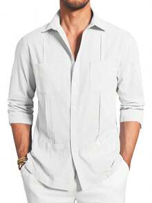 Runcati Mens Guayabera Linen Shirts Long Sleeve Button Down Casual Summer Beach Shirt Tops - 白色 - 查看 4