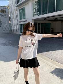 100% Cotton Ladies Short Sleeve T-Shirt, Stylish, Loose, Casual Crew Neck Top - 白色 - 查看 1