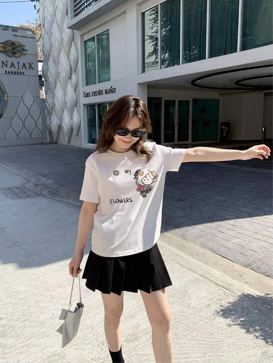 100% Cotton Ladies Short Sleeve T-Shirt, Stylish, Loose, Casual Crew Neck Top - 白色 - 查看 1