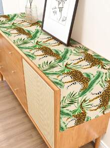 1pc Green Plant & Leopard Printed Table Runner, Suitable For Festivals, Parties, Birthdays, Dinners, Kitchen, Dining Room, Room Decor, Home Textile Decoration, All Seasons