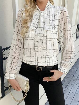 Blusa de manga larga elegante y casual con cuello de cinta, moño y puños a cuadros para mujeres