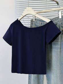 时尚不对称领口短袖修身短款 T 恤衬衫