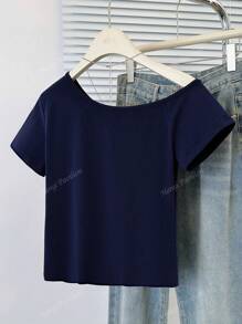 Chic Asymmetric Neck Short Sleeve Fitted Cropped T-Shirt Blouse
