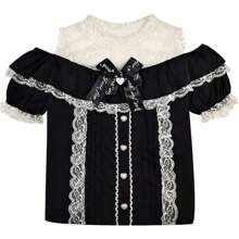 Sweet Cold Shoulder Shirt Women Lace Mesh Sheer Short Sleeve Blouse Vintage Ruffle Button Cute Tops - 白色 - 查看 9