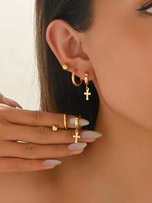 Set de 6 piezas de aretes de acero inoxidable de moda sencilla y versátil para mujer, adecuados para uso diario - multicolor - Ver 9
