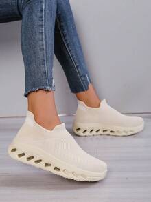 Women's Casual Sneakers, Simple Versatile Style, Woven Breathable Slip-On, Comfortable Anti-Slip Chunky Sole Walking Shoes - Khaki - View 3