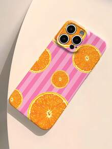 1 pièce Étui de téléphone rigide en fibre de bois perforé, motif de tranche d'orange rayée, style minimaliste et frais pour l'été. Compatible avec 11/12/13/14/15/16 Pro Max. Étanche, antichoc, résistant aux rayures. - Multicolore - Voir 3