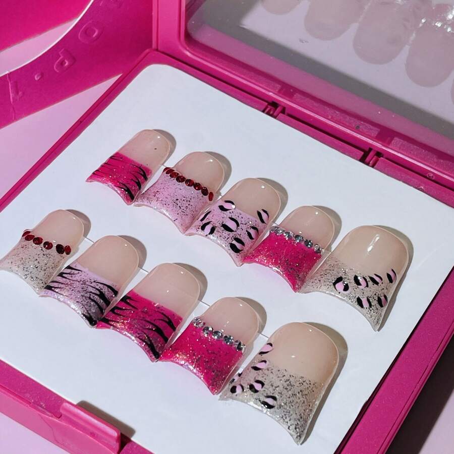 Duck Nails Y2K Short Press-On Acrylic Nails, 10 Pcs Handmade 2025 Summer Pink-Silver Glitter Nails Embellished With Tiger-Stripe Patterns & Rhinestones For Party, Wedding, Holiday & Daily Wear-Reusable Gel Acrylic, Easy Application With Jelly Glue Set Included - Màu Hồng Tươi - Xem 1