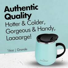 GRANDTIES - Taza de café aislante con asa, tapa deslizante para evitar salpicaduras, termo con forma de copa de vino de 16 oz con doble pared al vacío de acero inoxidable - Verde Polvo - Ver 1