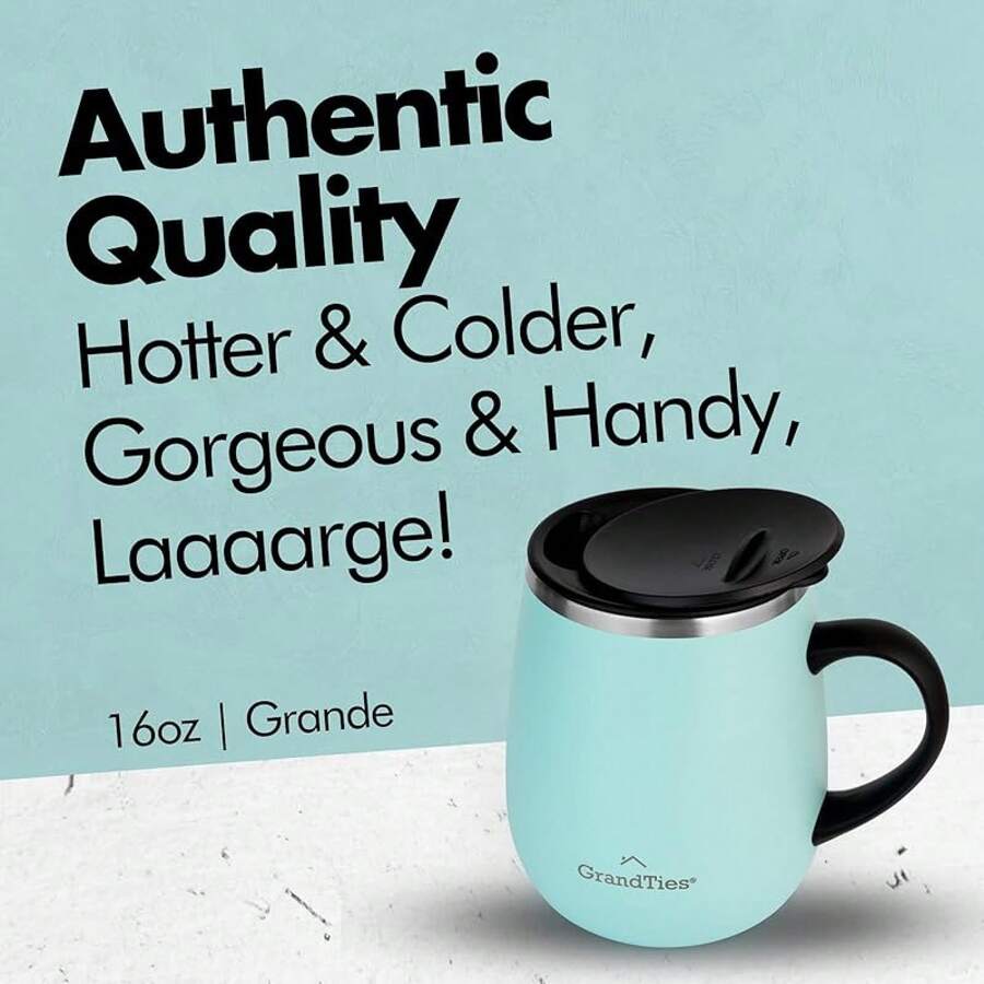 GRANDTIES - Taza de café aislante con asa, tapa deslizante para evitar salpicaduras, termo con forma de copa de vino de 16 oz con doble pared al vacío de acero inoxidable - Verde Polvo - Ver 1