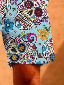 加大码男士骷髅 3D 印花抽绳腰袋短裤，独特时尚沙滩度假休闲短裤 - 彩色 - 查看 3