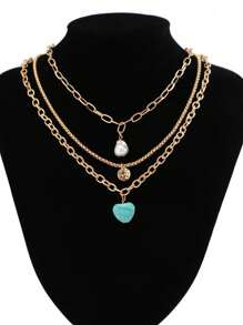 3pcs/Set Fashionable Vintage Turquoise Heart Pendant Baroque Faux Pearl Pendant Necklace Jewelry Set, Suitable For Women's Daily Wear, Decor, Vacation, Party, Music Festival. The Handmade Necklace Length Is Customizable By Cutting The Chain