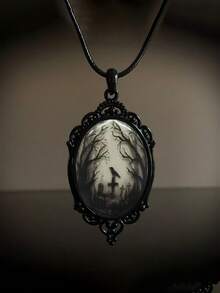 1pc Halloween Gothic Raven Cross Pendant Necklace - Black - View 2