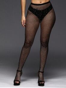 1 chiếc tất lưới bó sát gợi cảm đính đá nhiều màu, quần tất lưới mỏng dành cho nữ, màu đen, thời trang và đa năng, xuân/hè - màu đen - Xem 2